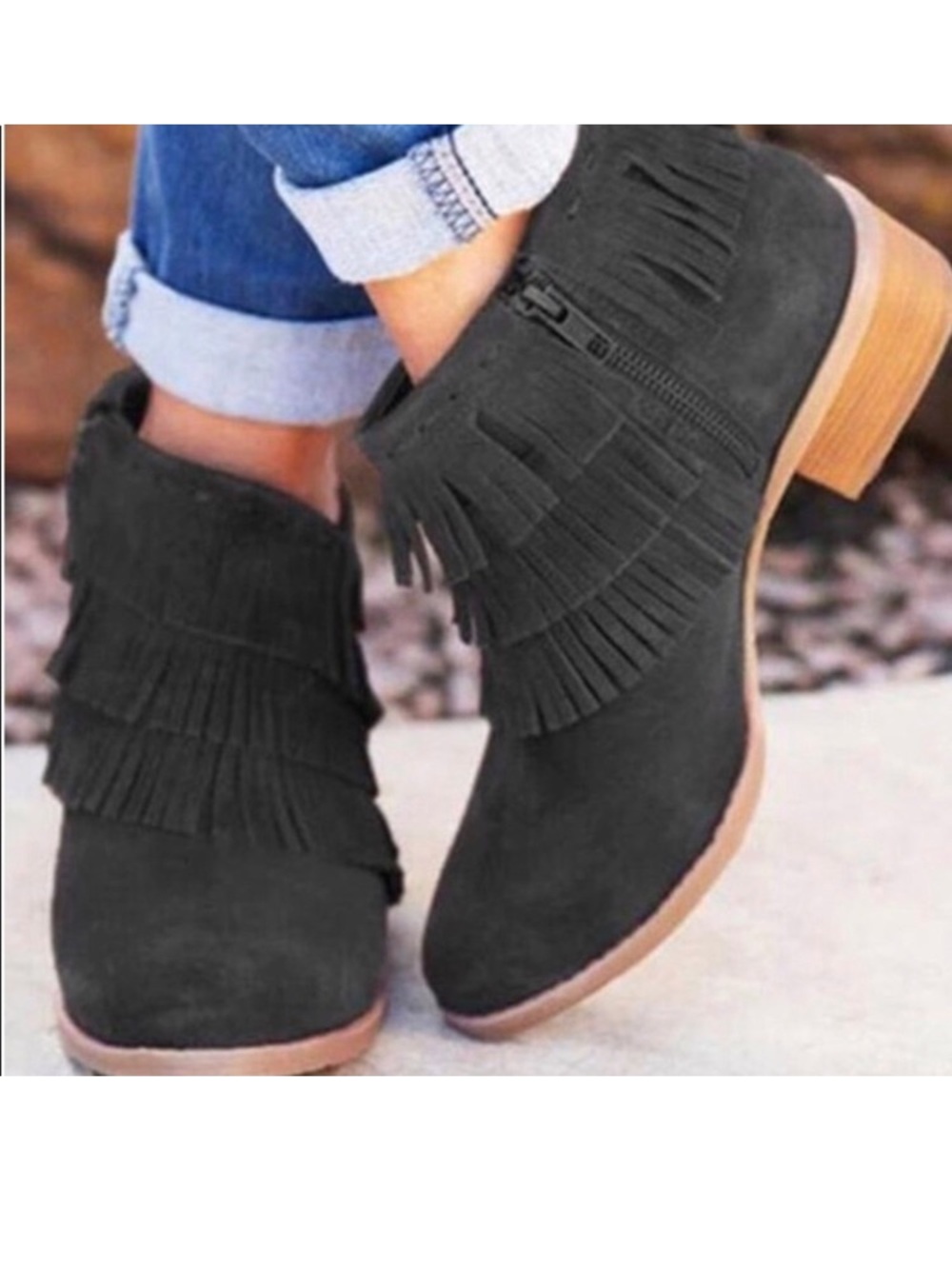 Women’s black low heel, fringed ankle boots